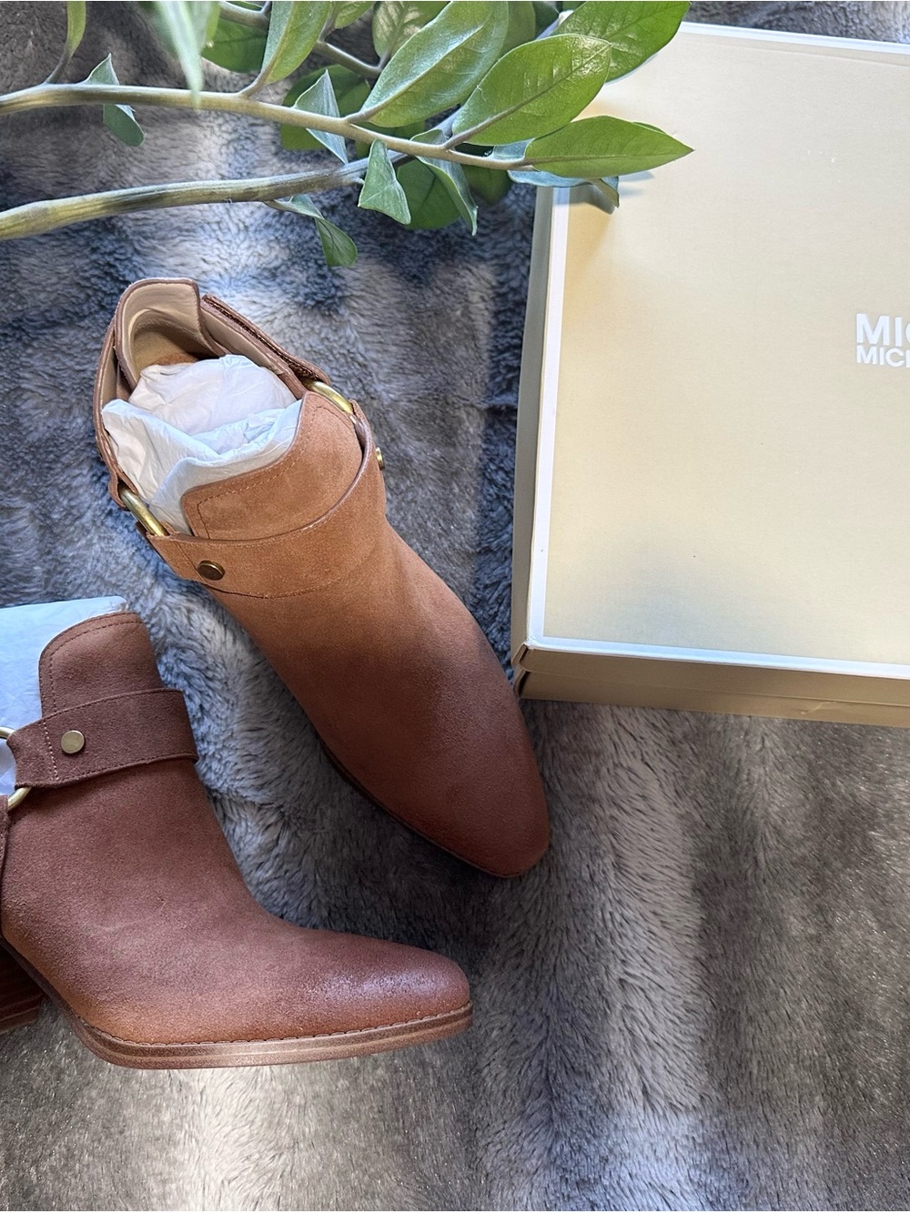 MICHAEL Michael Kors Chestnut Brown Suede Ankle Booties with Gold Accent